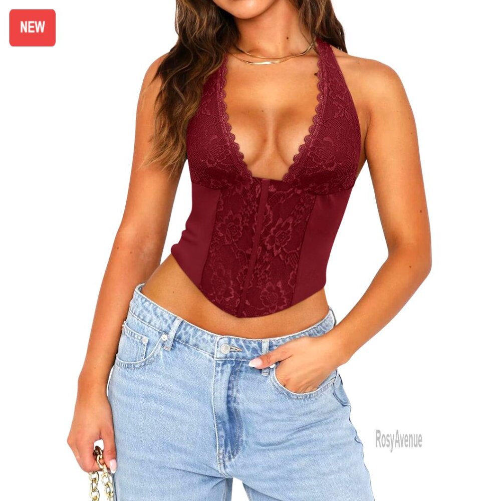 Sexy Lace Halter Neck Crop Top, Adjustable Straps, Polyester Spandex Blend
